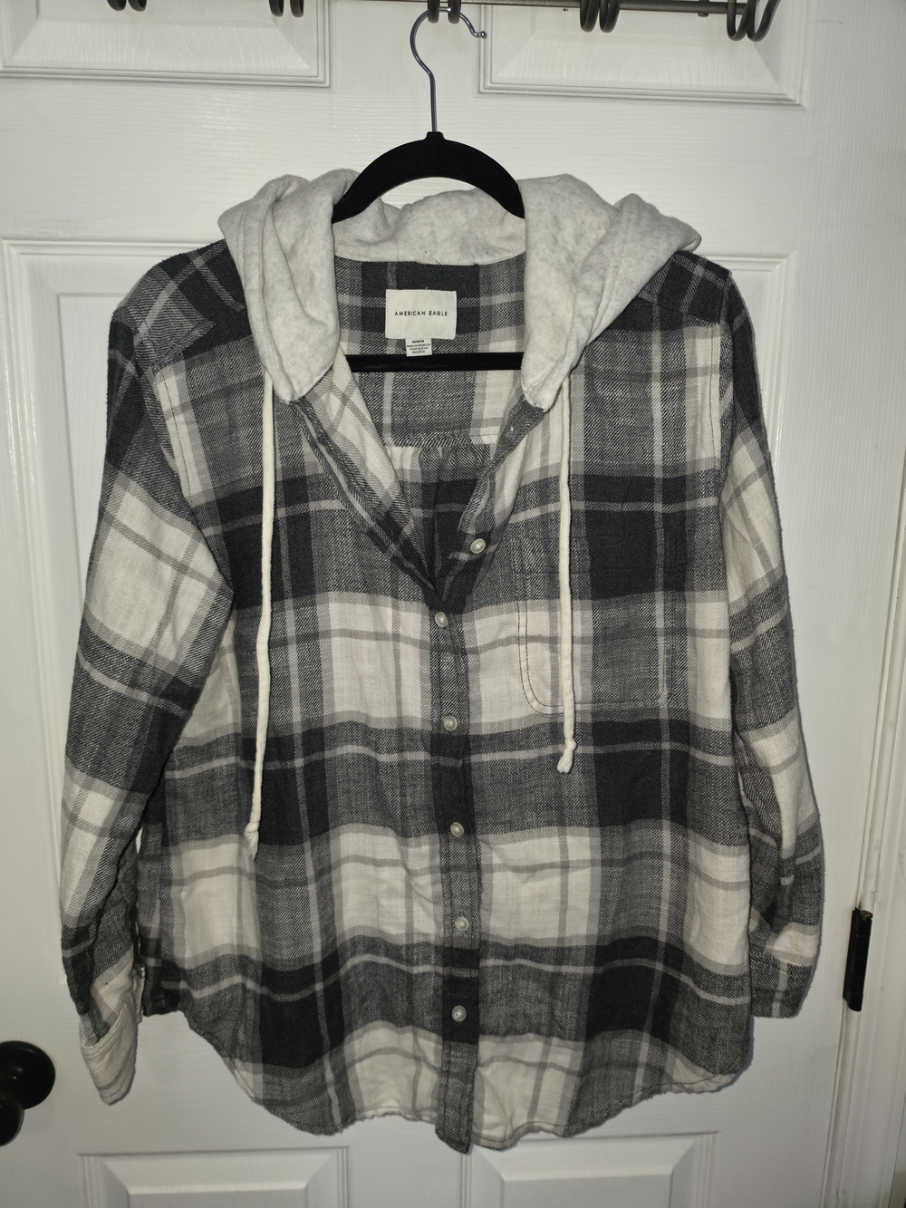 American Eagle Gray & Black Plaid Hooded Shirt Jacket
